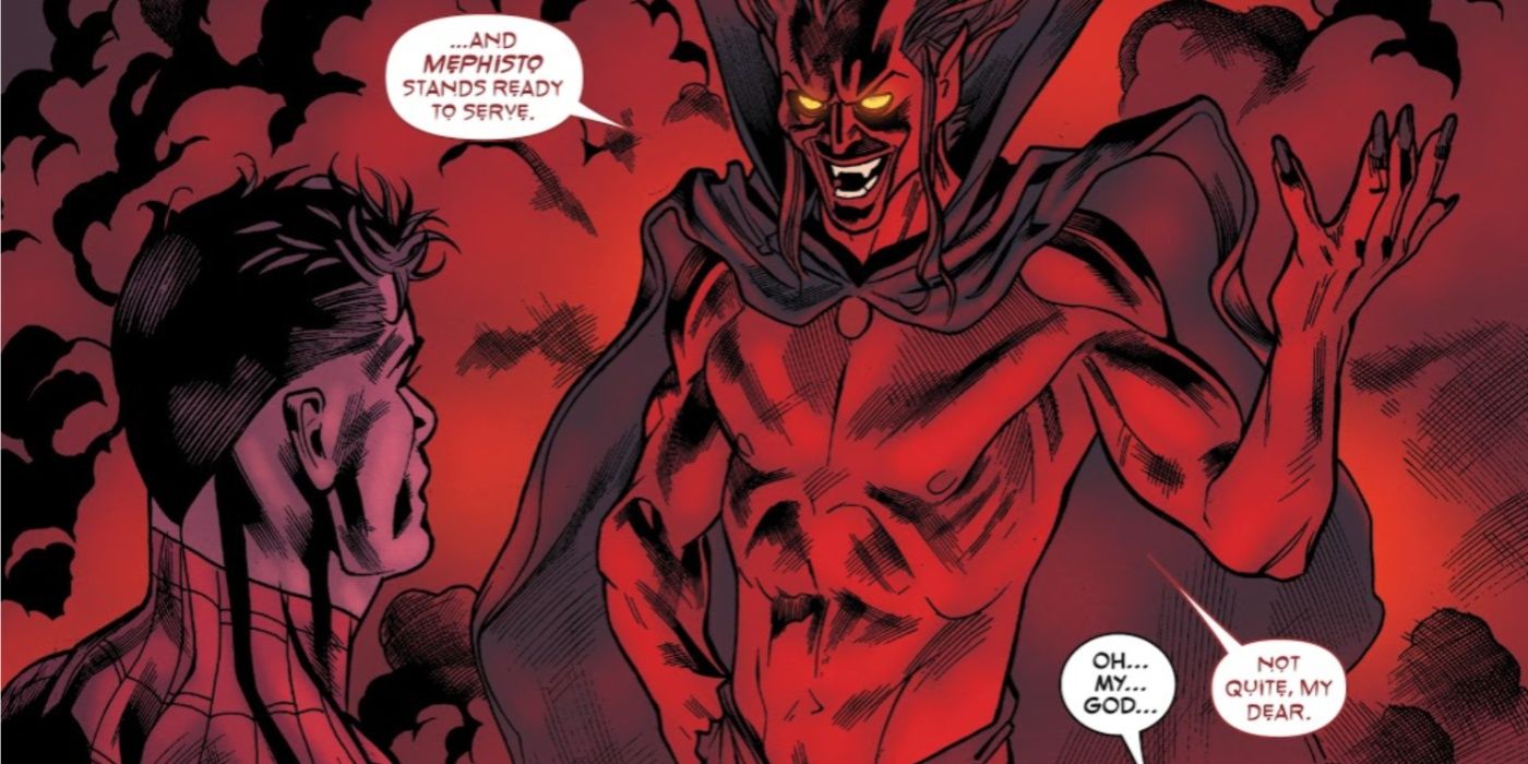 Mephisto appearing before an unmasked Spider-Man and Mary Jane in One More Day.