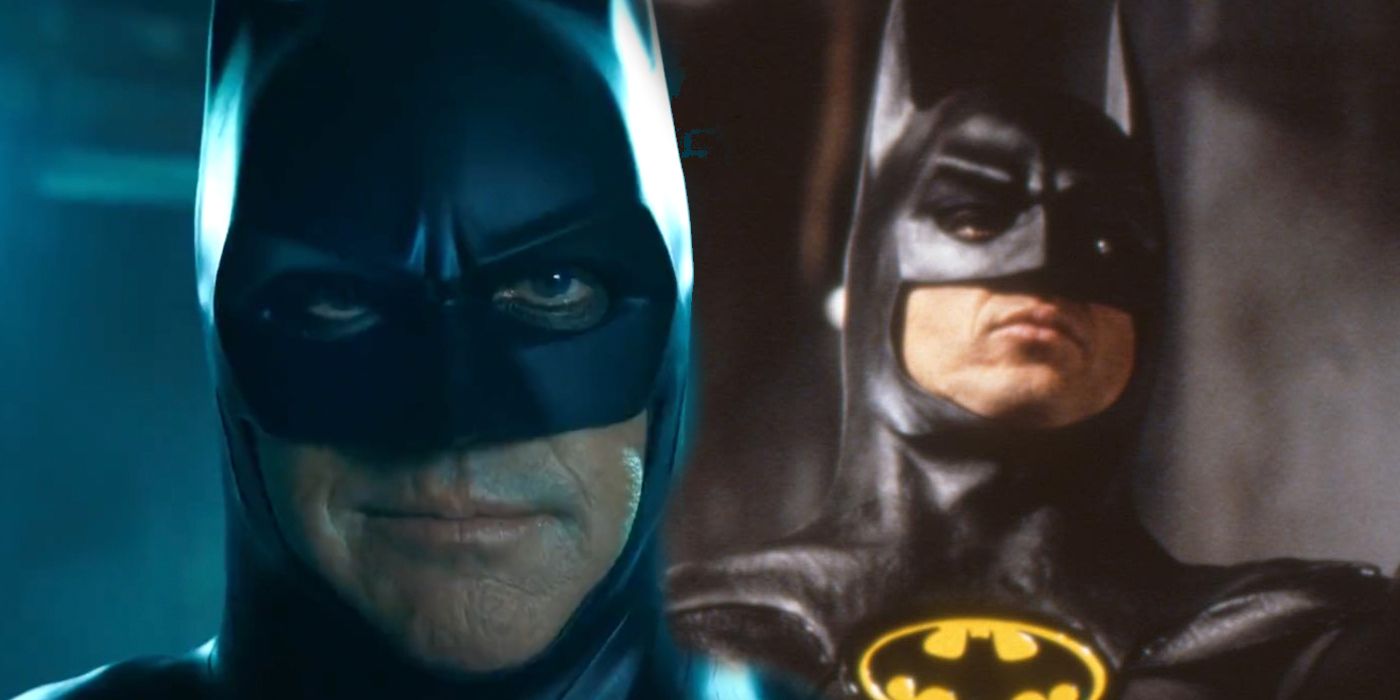 Imagen dividida: Batman llega a The Flash;  Batman dispara una pistola de agarre en Batman (1989)