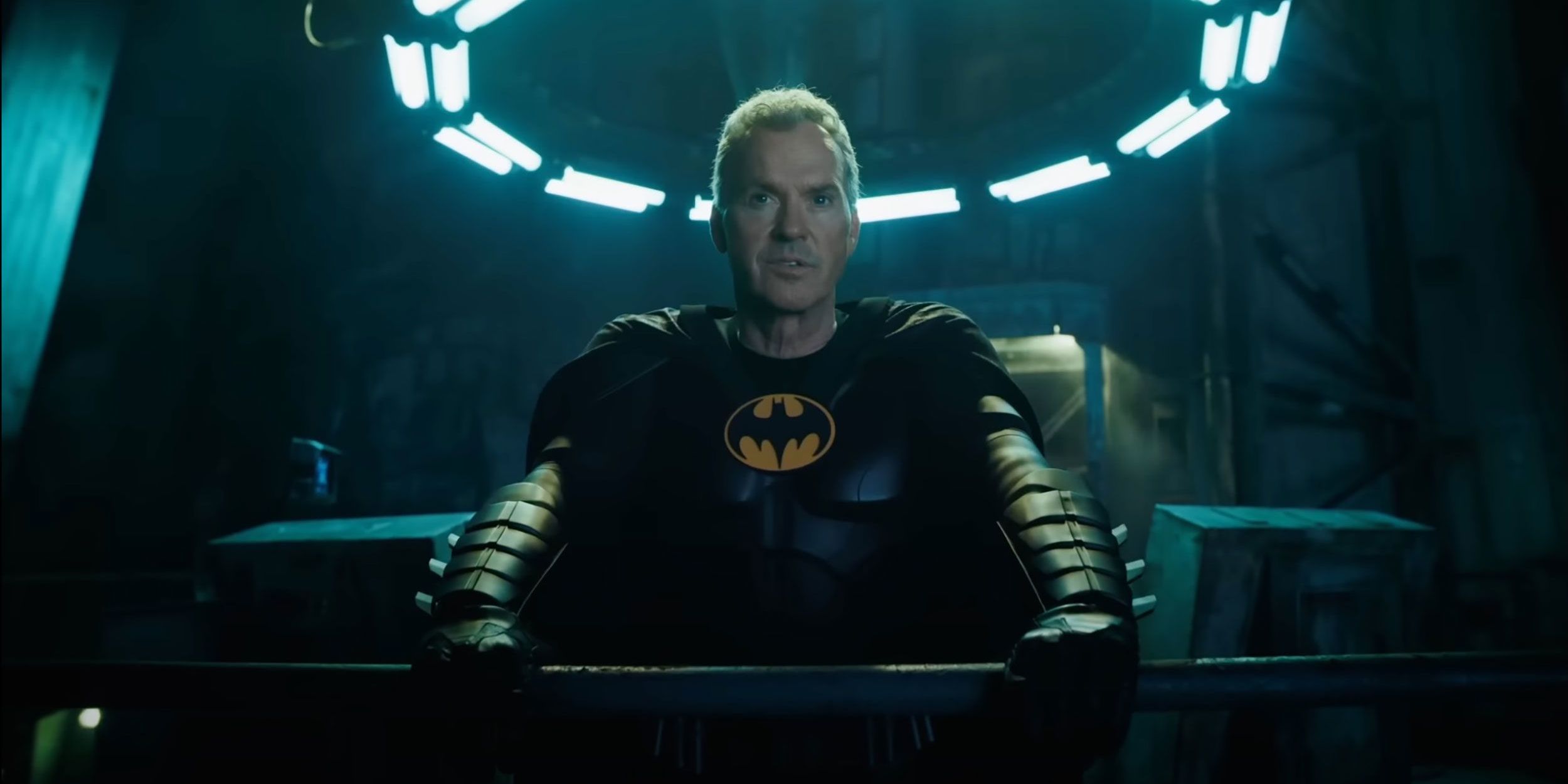 Actor Michael Keaton reprising his role as Batman in The Flash live-action movie.