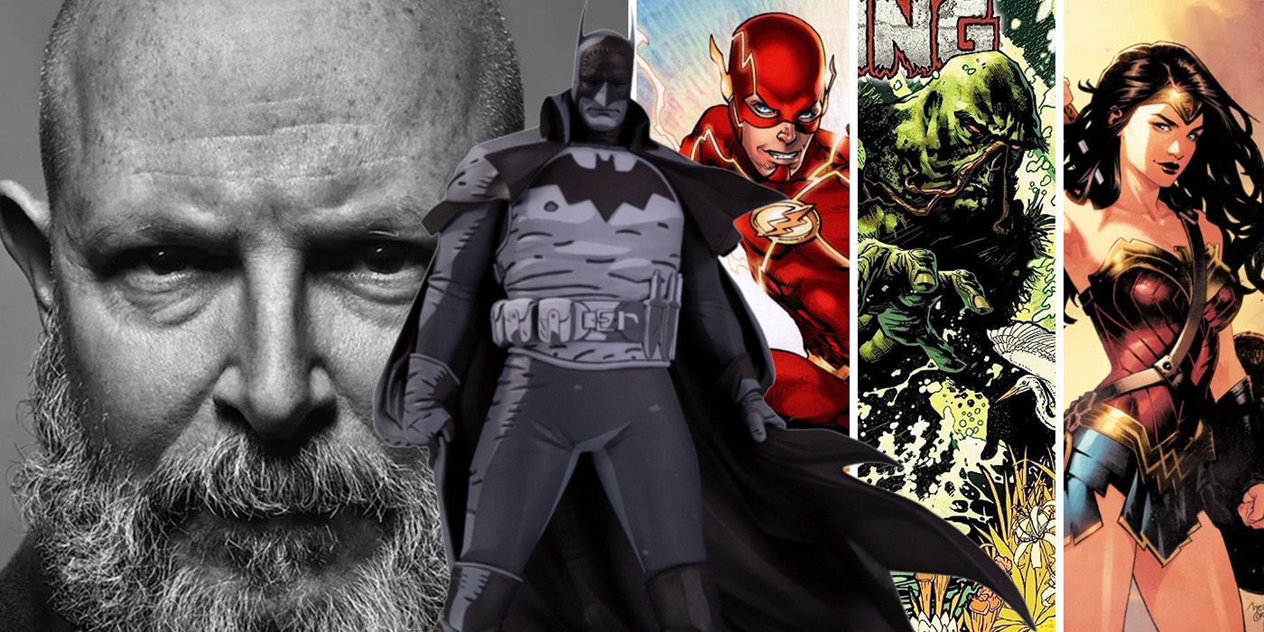 split image: artist Mike Mignola's Batman, and Flash, Swamp Thing and Wonder Woman in DC Comics