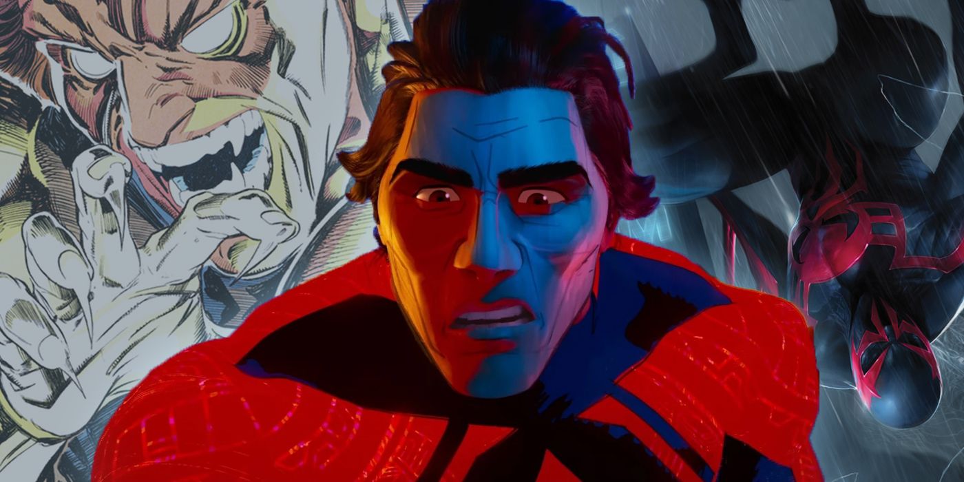 Unmasked Spider-Man 2099 from Across the Spider-Verse with Miguel O'Hara's original transformation and Spider-Man 2099 hanging upside down in the background
