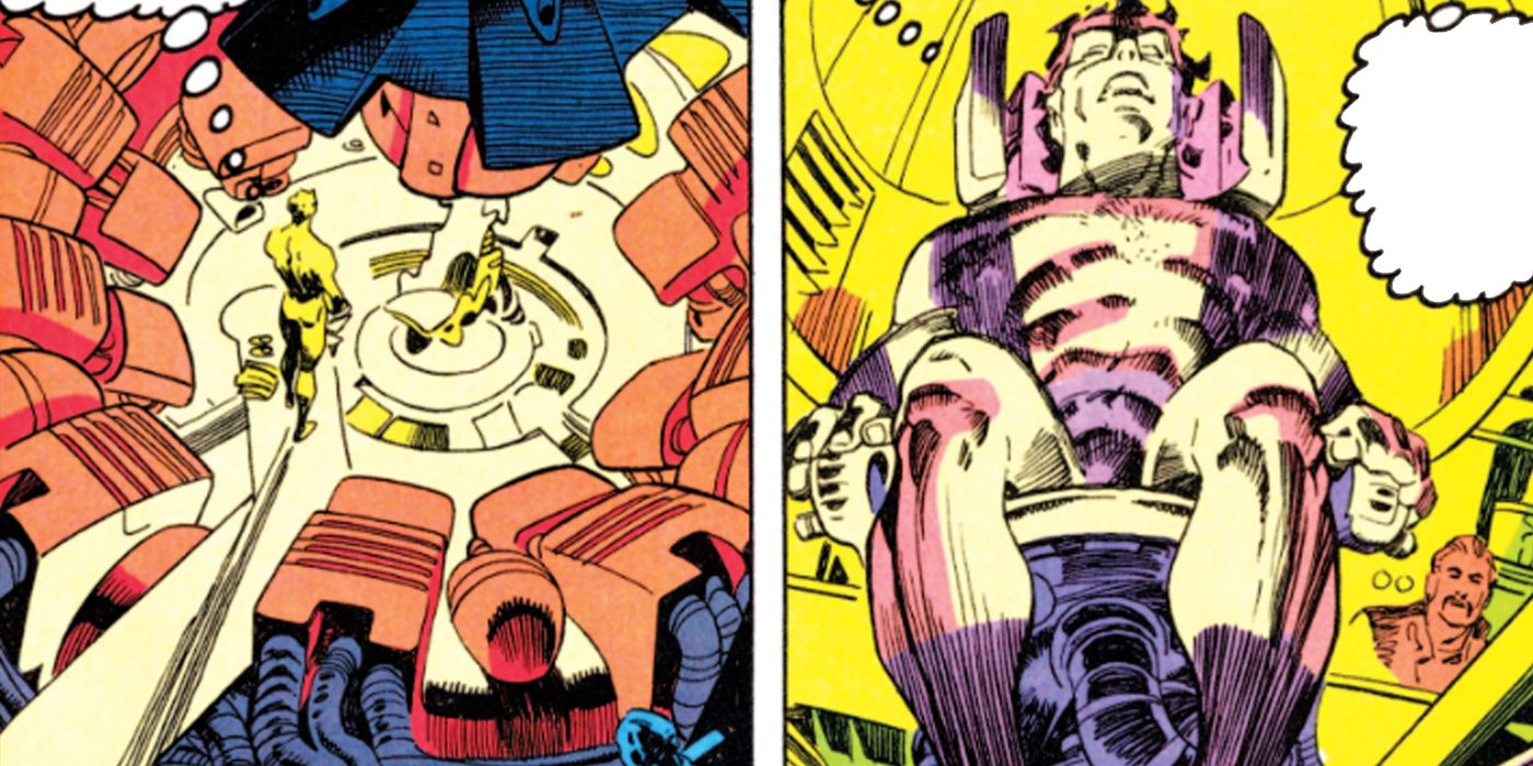 Split comic panels of Miguel O'Hara using machinery to turn himself into Spider-Man 2099