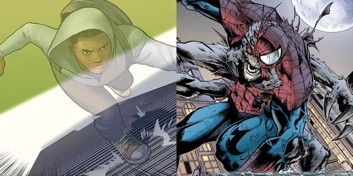 A split image Miles Morales being invisible and Man-Spider leaping in Marvel Comics