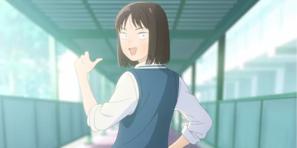 Mitsumi Iwakura, the heroine from the anime Skip and Loafer, pointing her thumb at herself. 