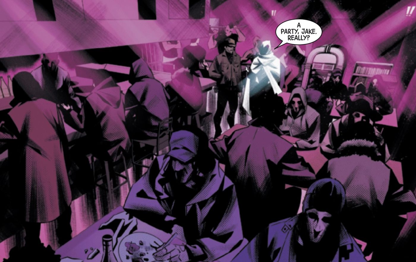 Jake Lockley and Marc Spector attend a giant party in a dream sequence from Marvel's Moon Knight #24 (2023).