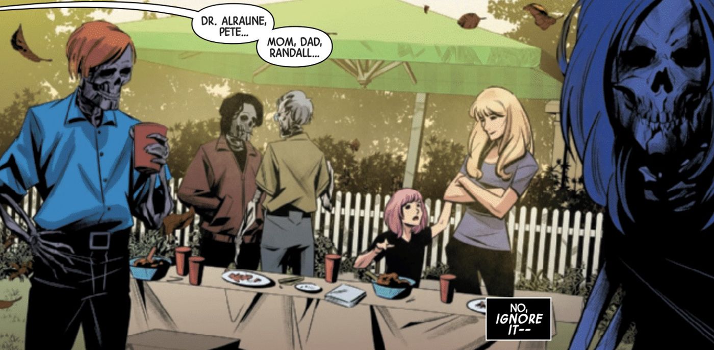 Marc Spector sees dead relatives at a family barbeque in Moon Knight #24 (2023) from Marvel.
