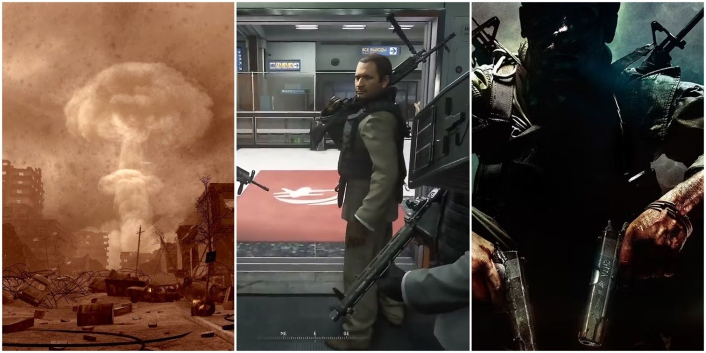 A split image showing Shock and Awe from Call of Duty 4: Modern Warfare, No Russian from Modern Warfare 2, and the cover of Call of Duty: Black Ops