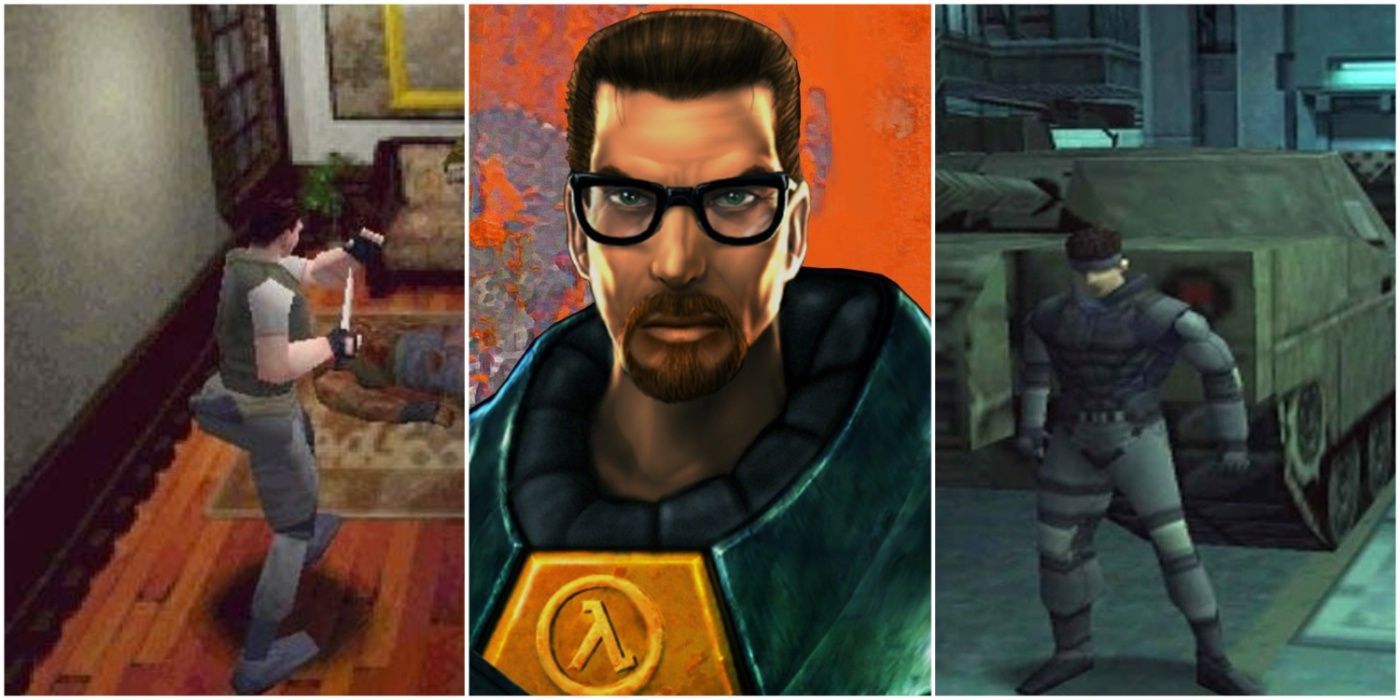 A split image showing Chris Redfield in Resident Evil, Gordon Freeman in Half-Life, and Solid Snake in Metal Gear Solid