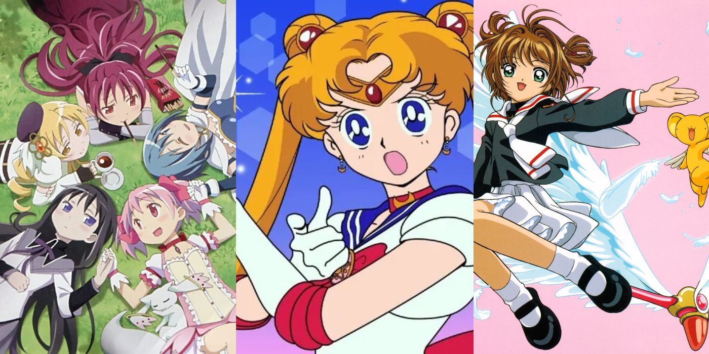Images of the main girls of Madoka Magica, Sailor Moon saying her famous catchphrase in the '90s anime, and Sakura Kinomoto from Cardcaptor Sakura riding on her sealing wand with Kero by her side