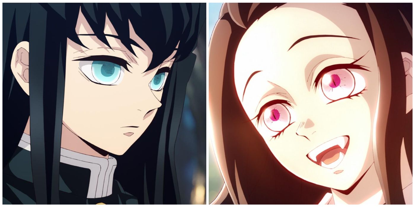 Muichiro looking sullen on the left while Nezuko smiles in the sunlight on the right