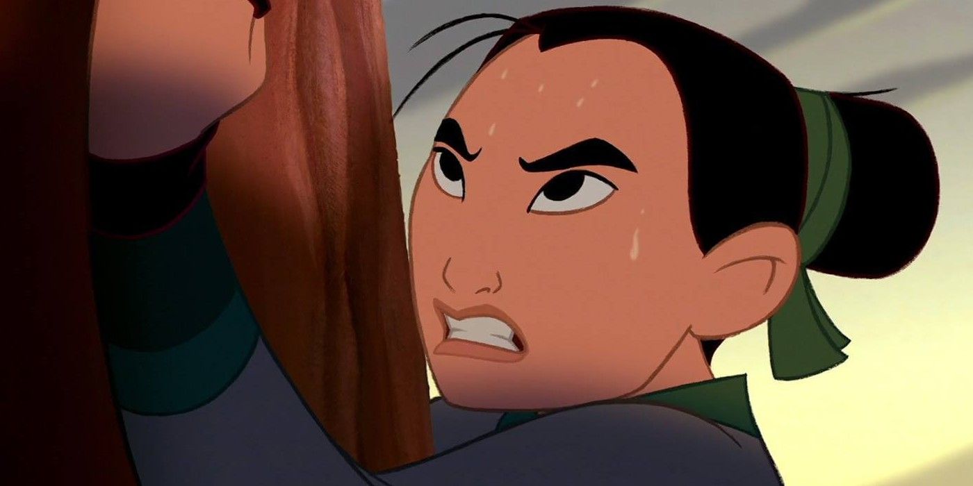 Mulan, as her male alter ego Ping, works to complete Shang's challenge of retrieving the arrow in Disney's animated Mulan.