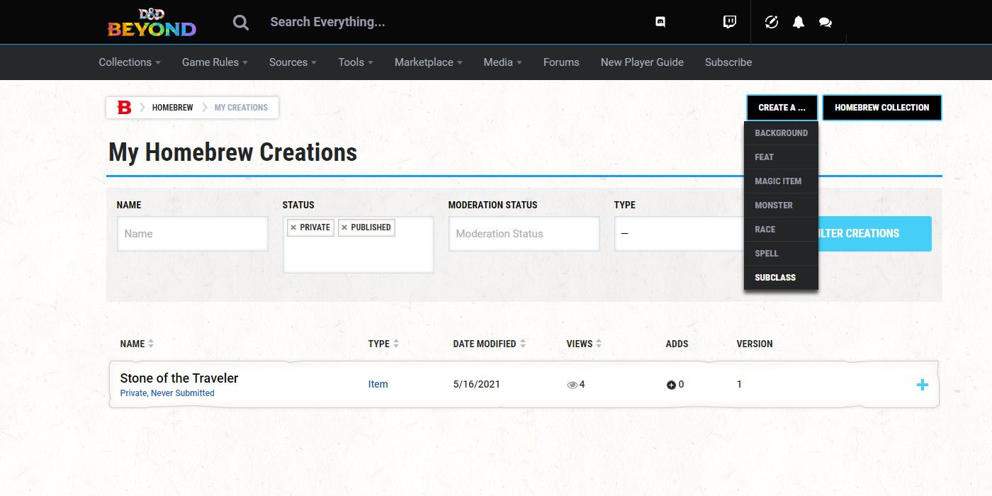 DnD Beyond Homebrew Collections página inicial