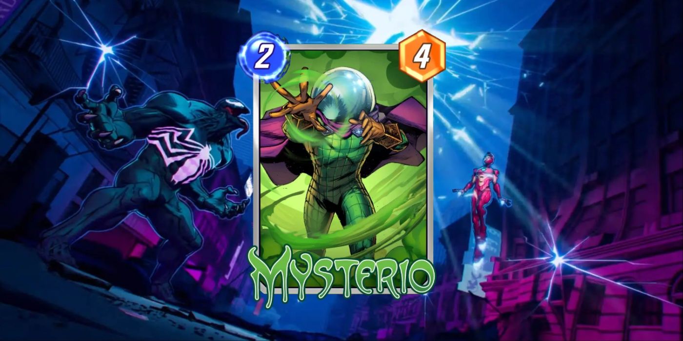 Cartão Marvel Snap de Mysterio contra o fundo da arte promocional