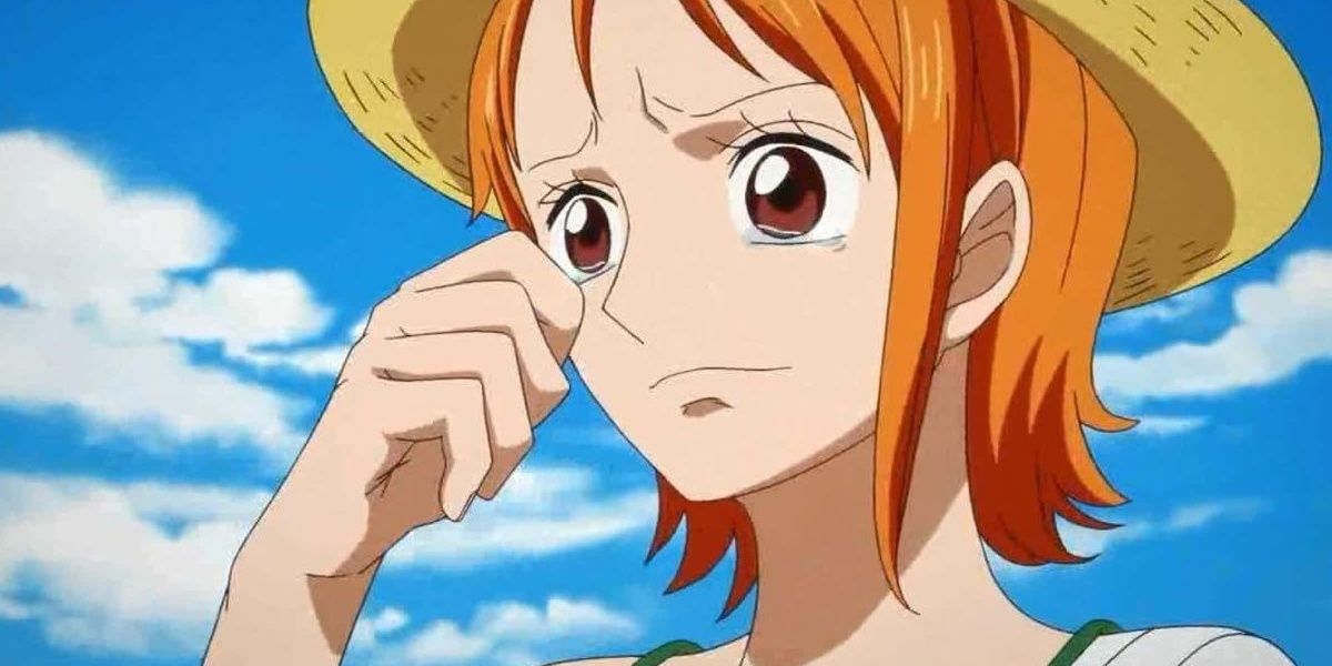 Nami is wearing Luffy's straw hat in the One Piece anime