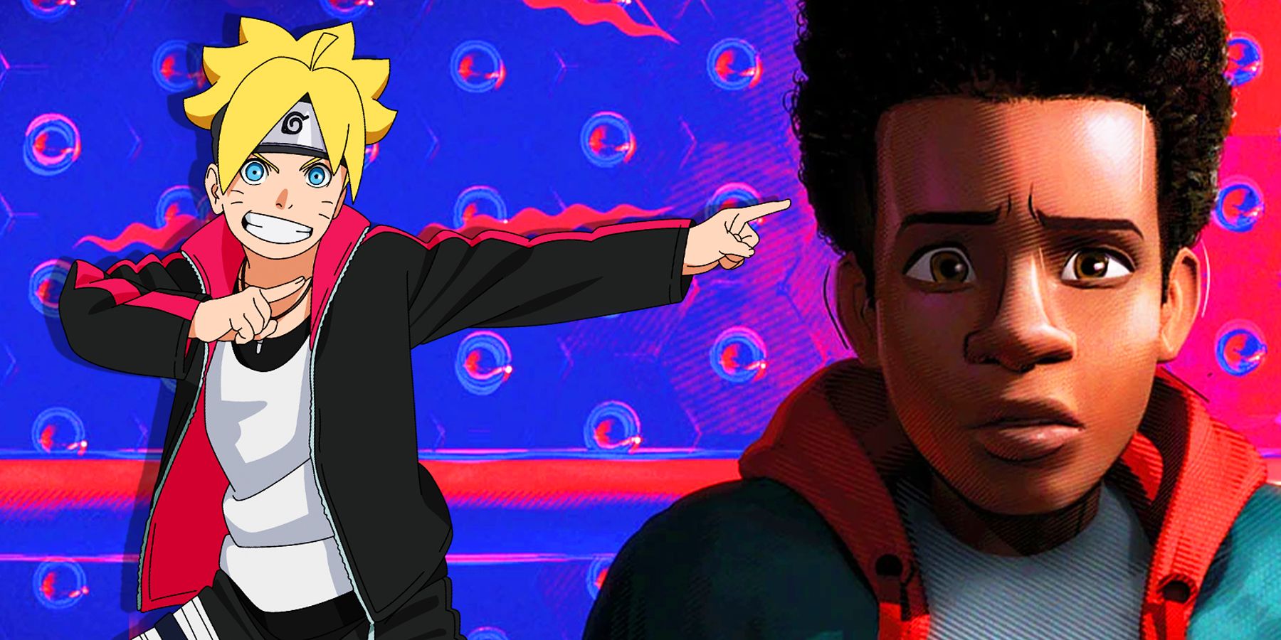 Boruto from anime Boruto: Naruto Next Generations and Miles Morales from Spider-Man: Into the Spider-Verse