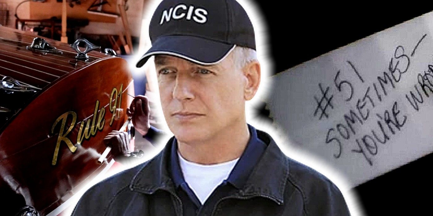 NCIS' Agent Gibbs in between his Rule 91 boat and rule 51 written on paper