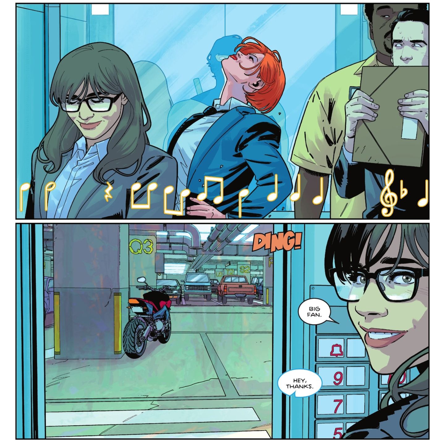 Nightwing e um dos gêmeos Double Dare pegam um elevador com Karen, Ryan e Darryl do The Office.