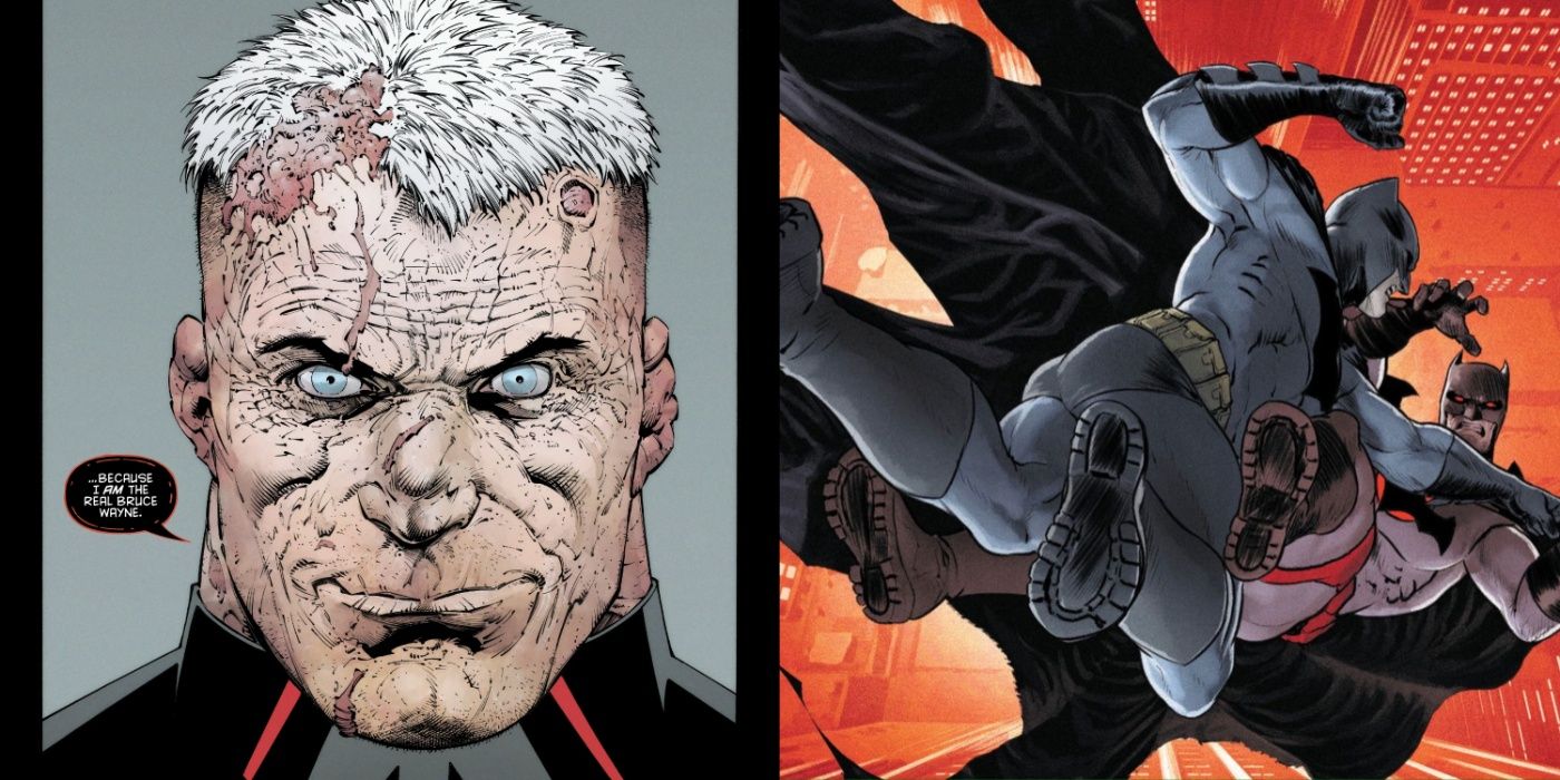 Split image of Omega Bruce Wayne and Batman fighting his Flashpoint counterpart.