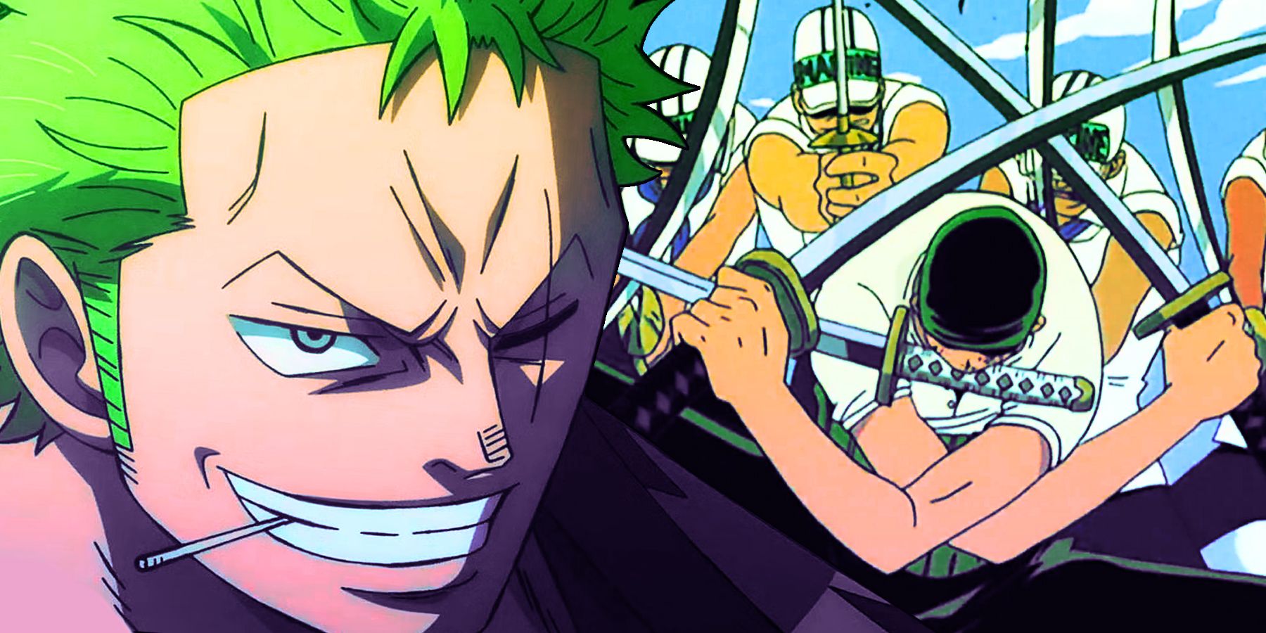 One Piece's Roronoa Zoro grinning with a toothpick while fighting marines
