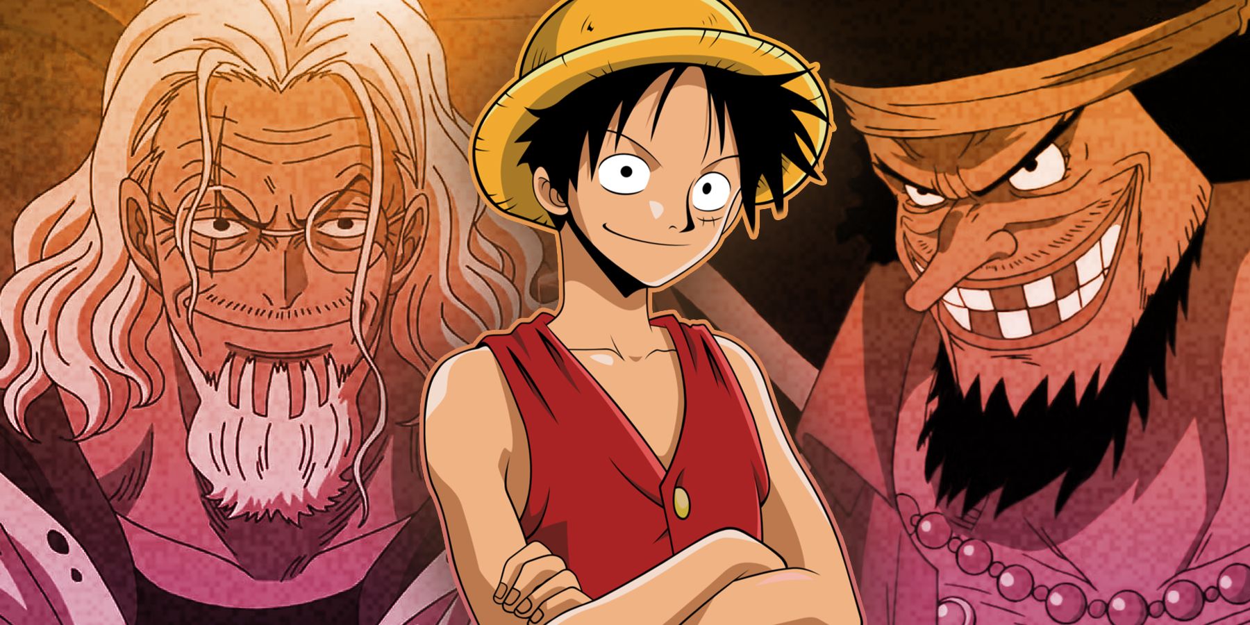 Silver Rayleigh, Monkey D. Luffy and Marshall D. Teach of anime One Piece