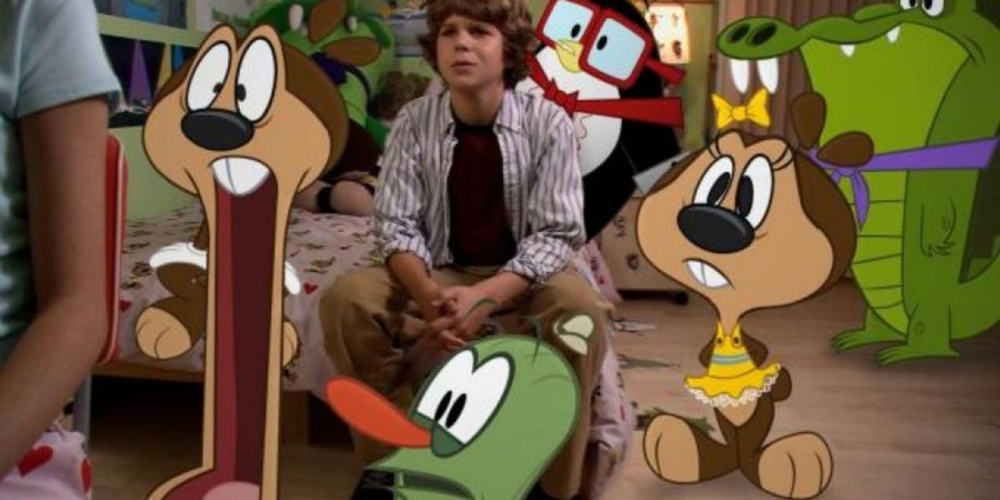 Live-action Jimmy is surrounded by cartoon characters in Out of Jimmy's Head on Cartoon Network