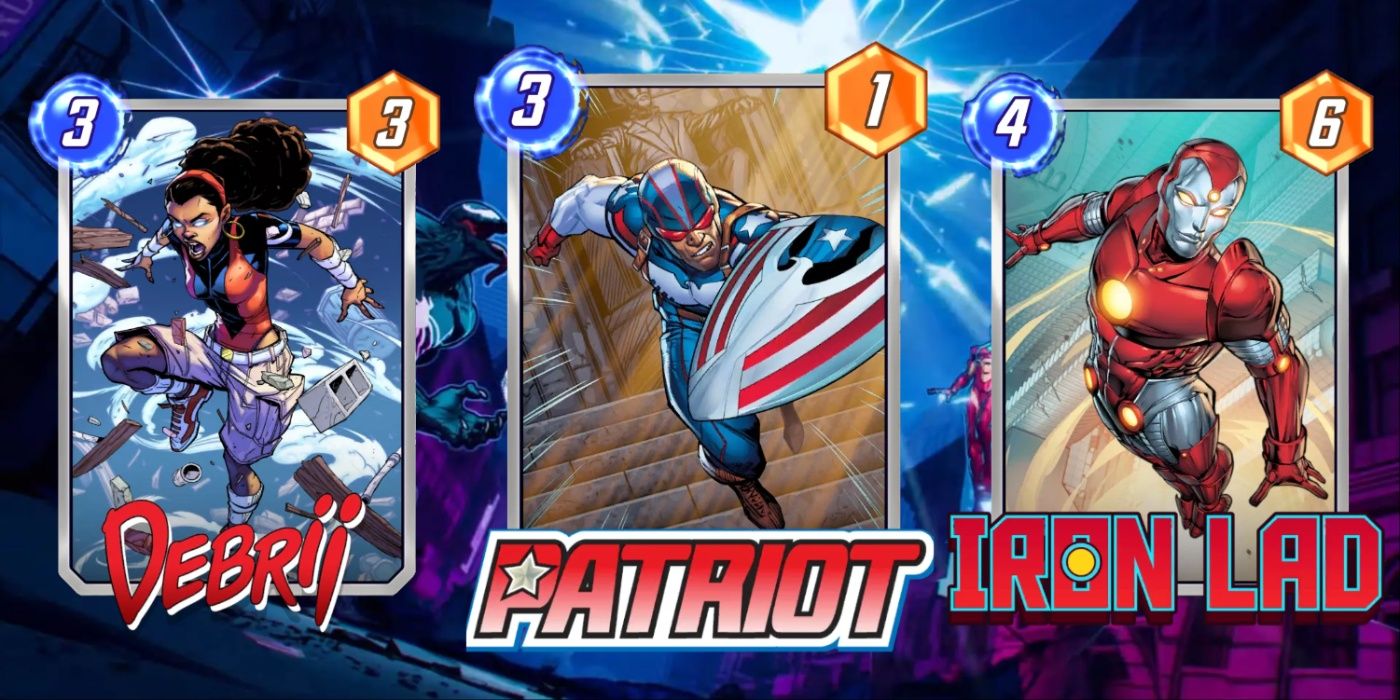 Deck Patriot Lad no Marvel Snap usa Debrii, Patriot e Iron Lad