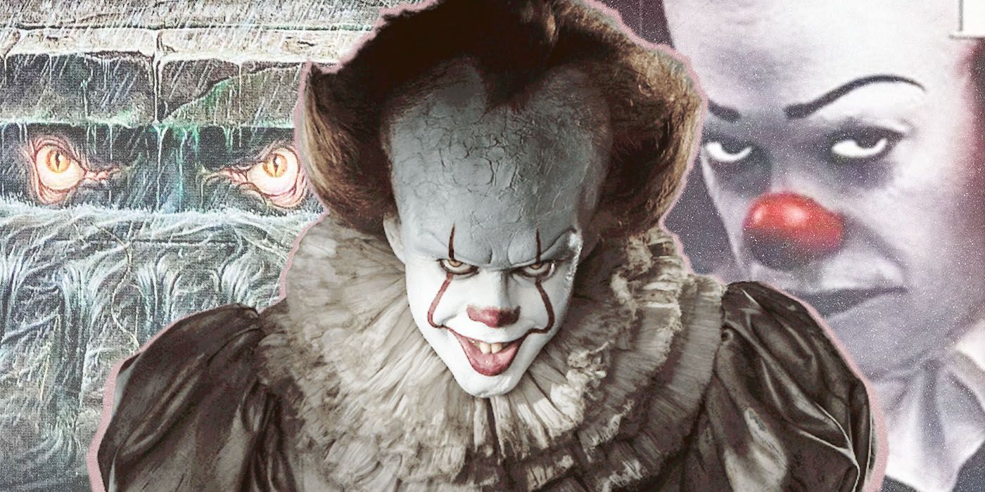 2017’s Pennywise in front of Tim Curry’s Pennywise and Stephen King’s It Book Illustration.