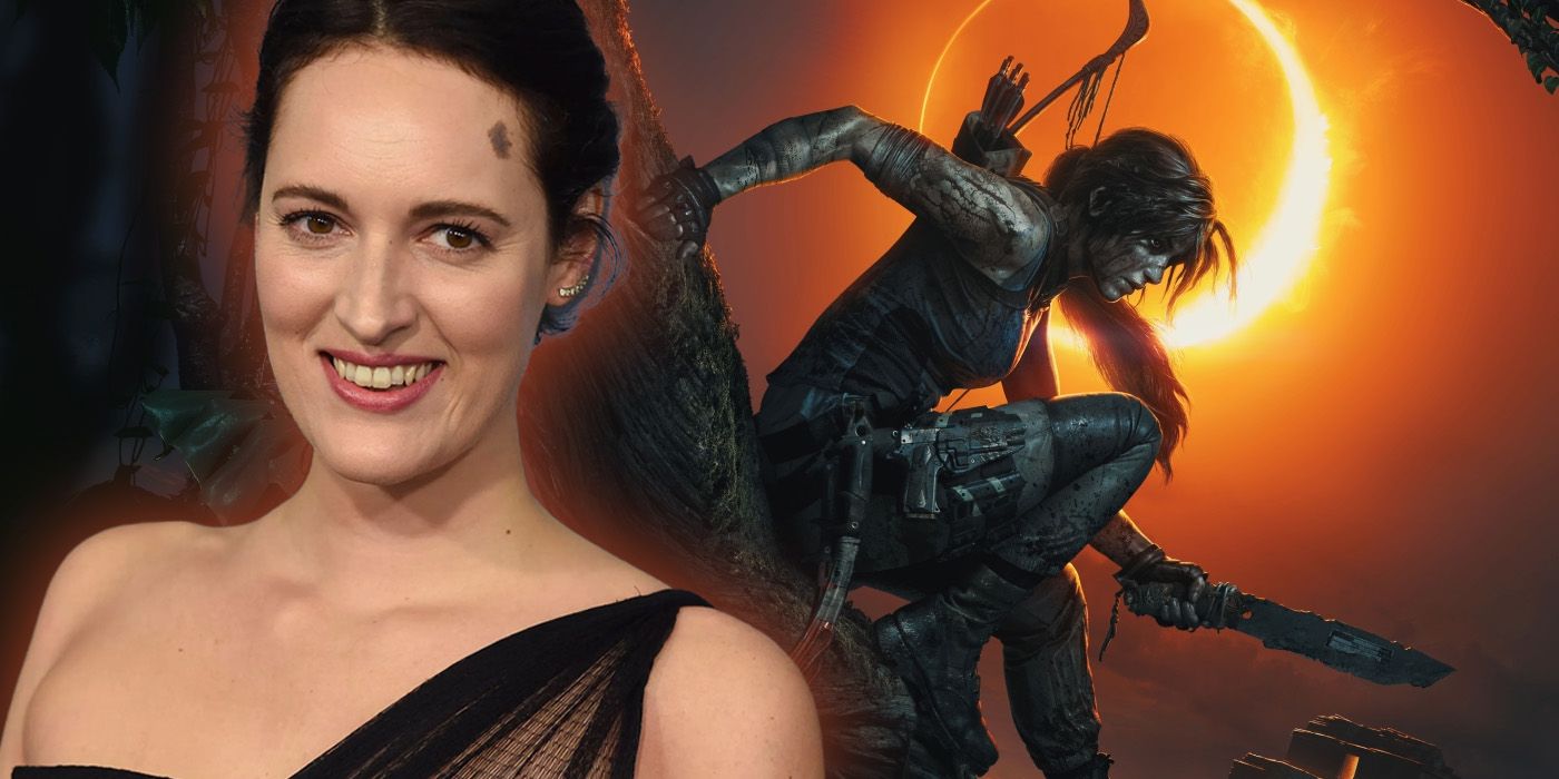 Phoebe Waller-Bridge beside cover art for Shadow of the Tomb Raider.