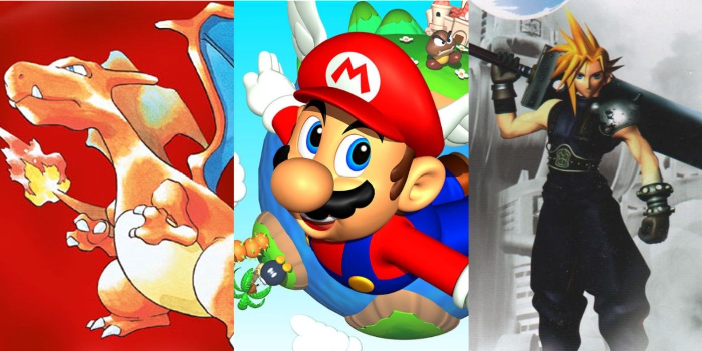 Split image of Pokémon Red, Super Mario 64, and Final Fantasy VII key art.