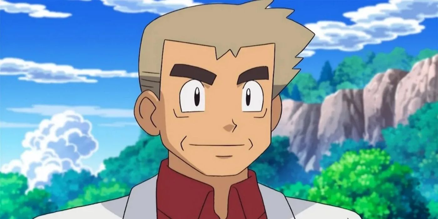 Professor Oak wears a white blazer by the mountains in Pokemon