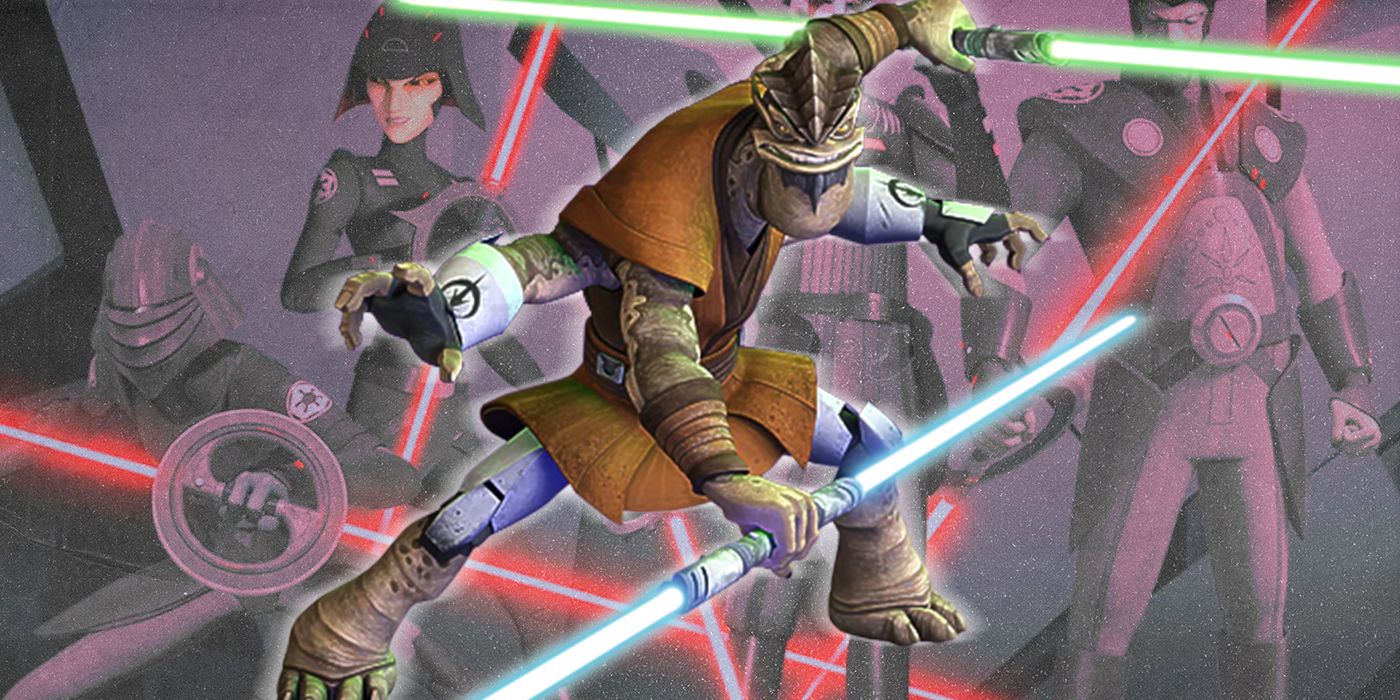 Pong Krell wielding 2 lightsabers in front of inquisitors