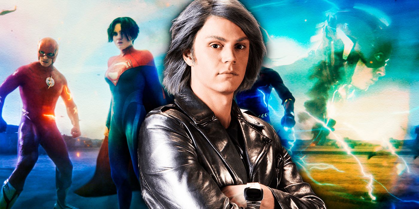 Evan Peters' Quicksilver with images from the DCEU's Flash in the background 