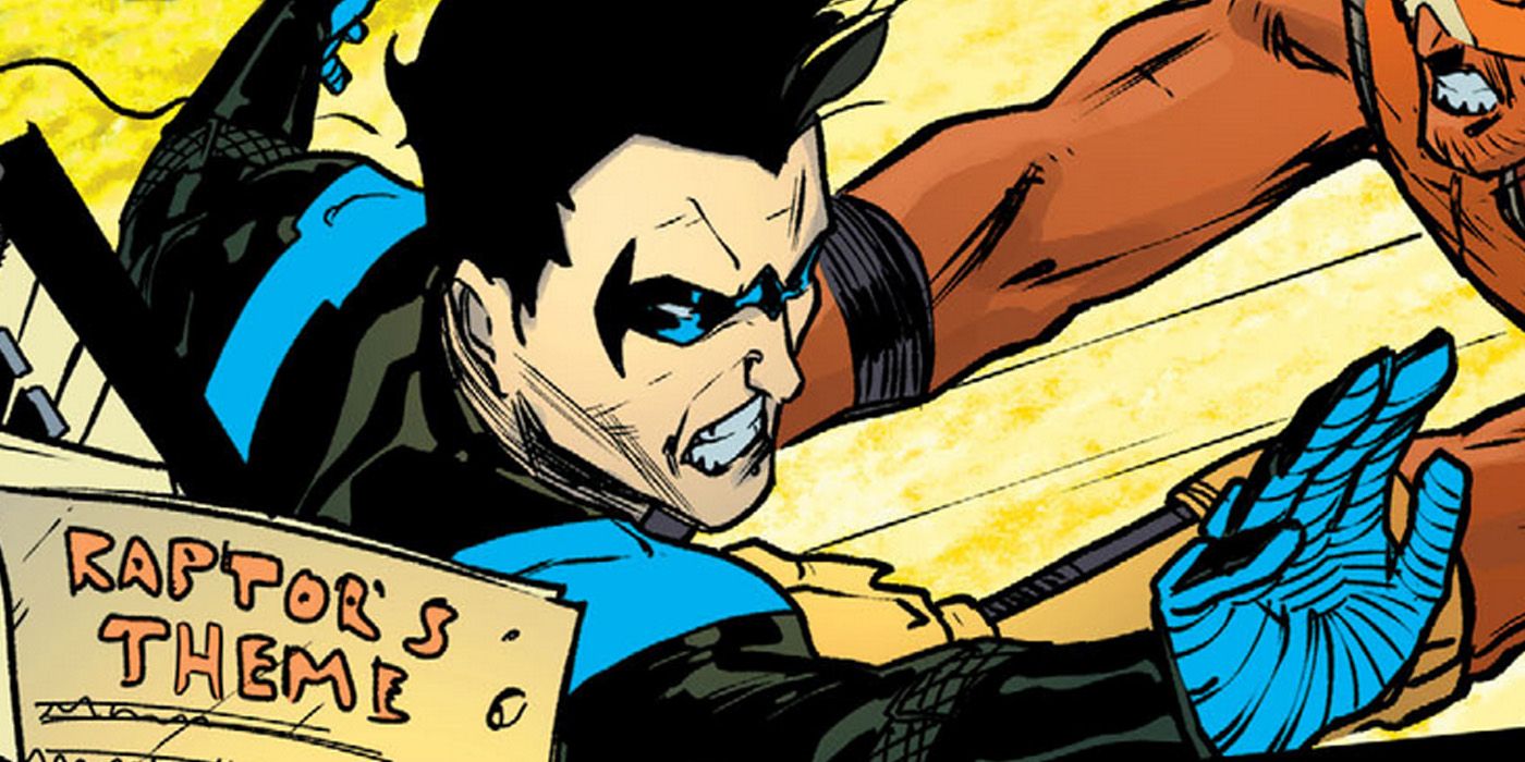 Raptor joga Nightwing através de uma estante de partitura. 