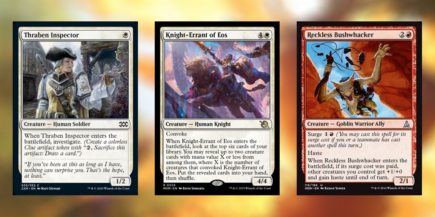 Cartões-chave do Pioneer Deck Boros Convoke;  Inspetor Thraben, Cavaleiro Errante de Eos e Reckless Bushwhacker