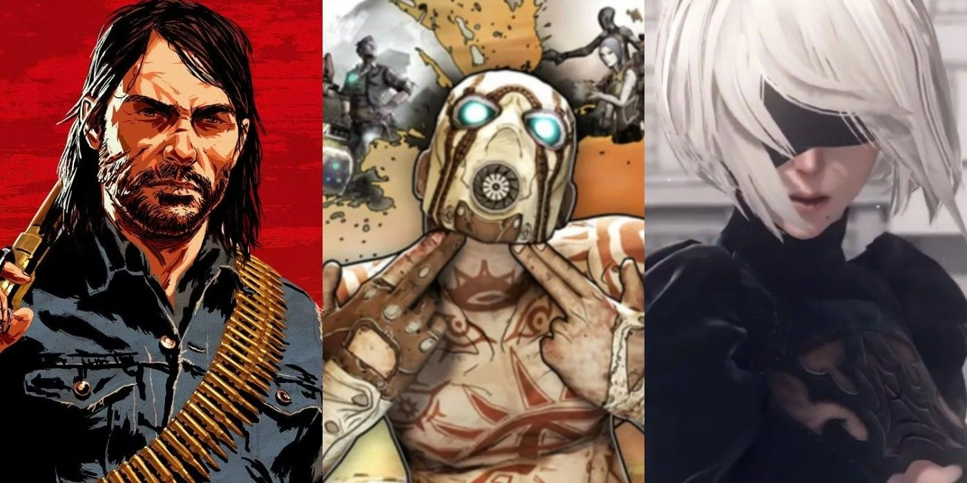 A split image of Red Dead Redemption, Borderlands 2, and NieR: Automata