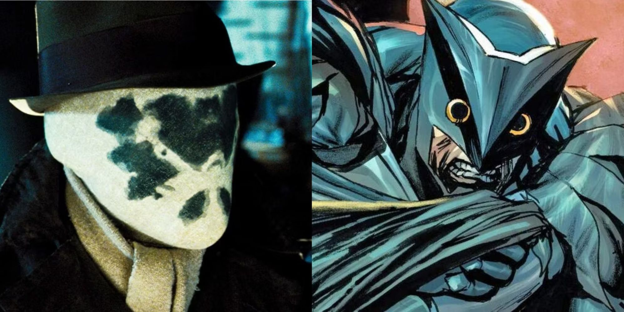 A split image of Rorscharch from Watchmen live-action, Owlman from DC Comics