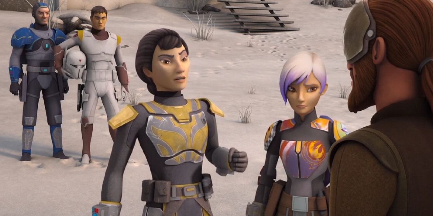 Sabine e Ursa Wren conversam com Kanan Jarrus em Star Wars Rebels, com Fenn Rau e Tristan Wren ao fundo.