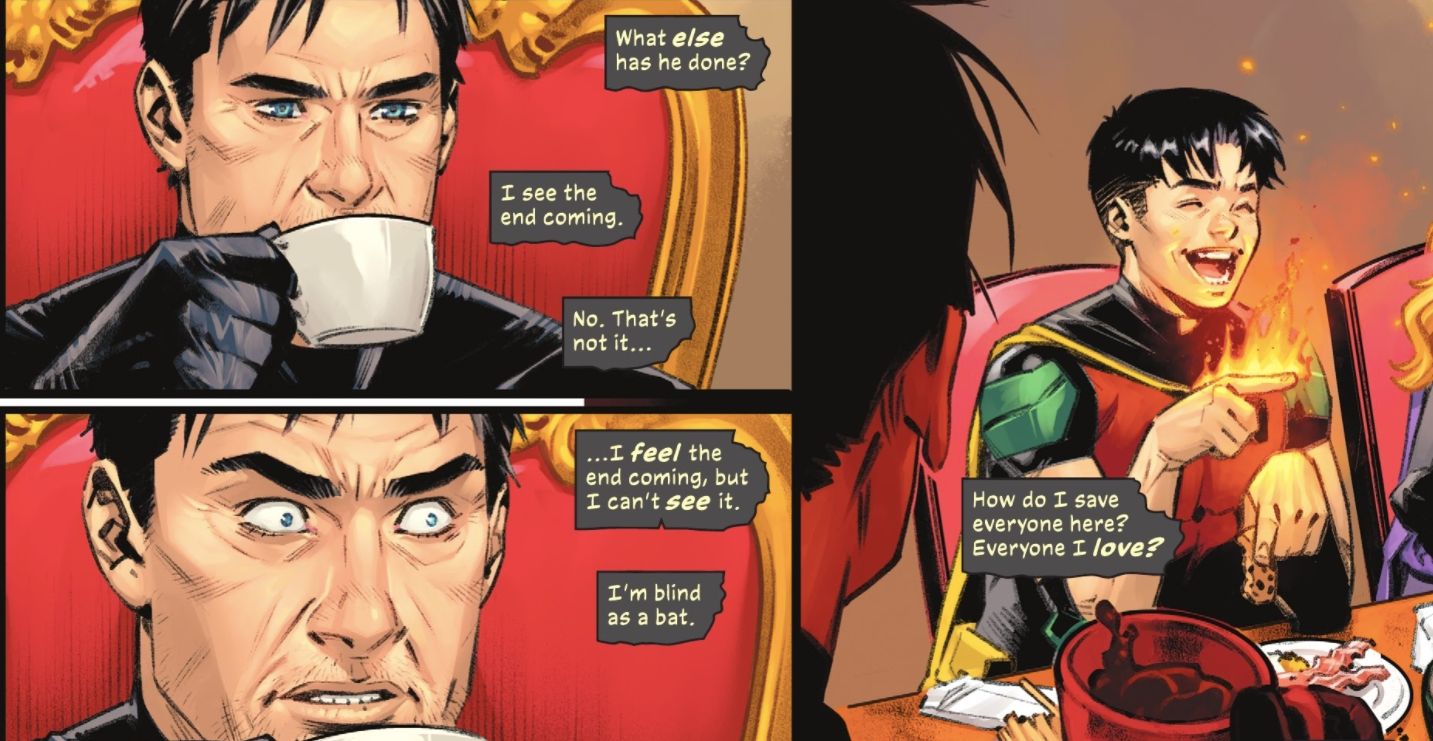 Bruce Wayne tem um ataque de pânico no café da manhã olhando para Tim Drake