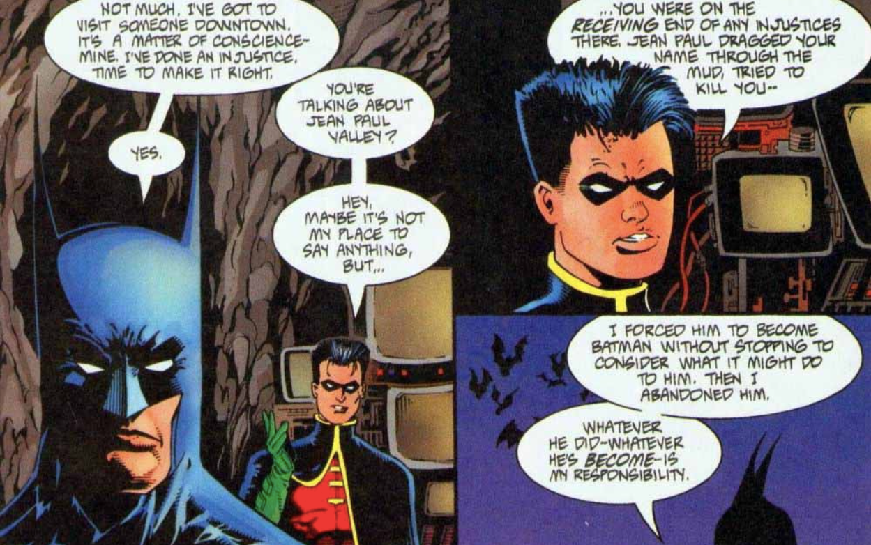 Batman e Tim Drake Robin discutindo Jean-Paul Valley em Azrael #1