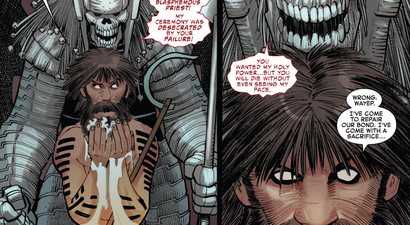 O Emissário como um sacerdote maia conversando com o deus Wayeb na Marvel Comics