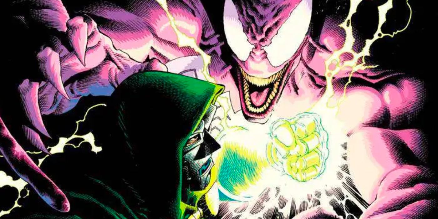 Doctor Doom fights Venom in cover art for Venom: Lethal Protector II #4.