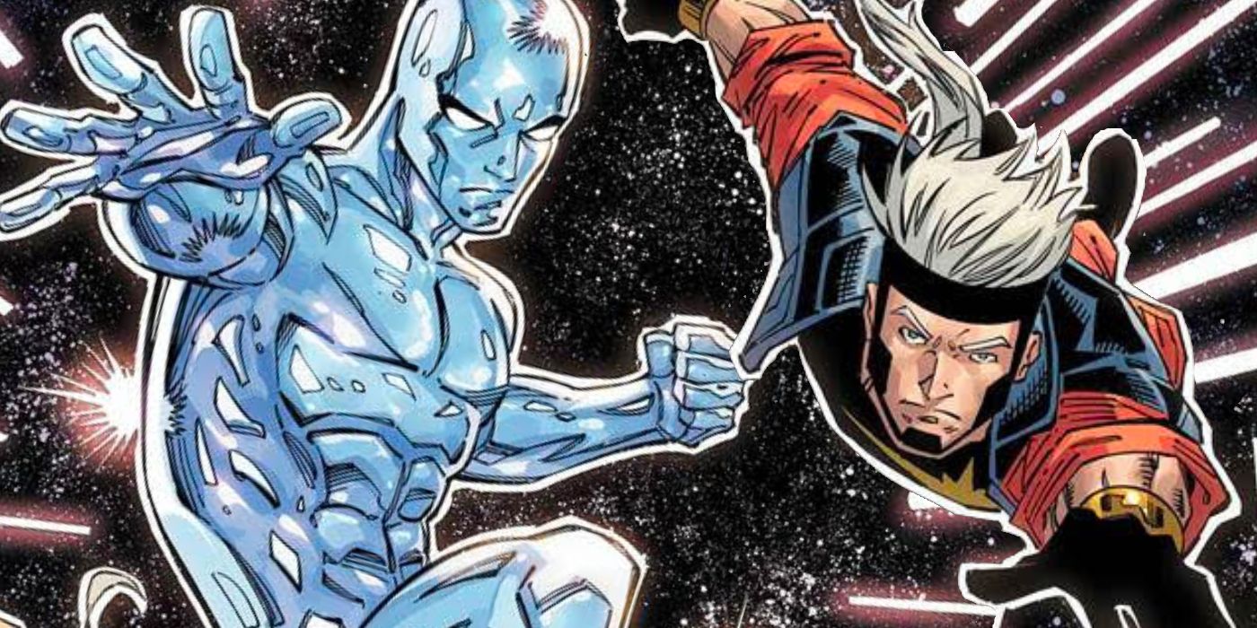 Silver Surfer flies alongside Captain Marvel's son, Legacy, in cover art by Ron Lim.