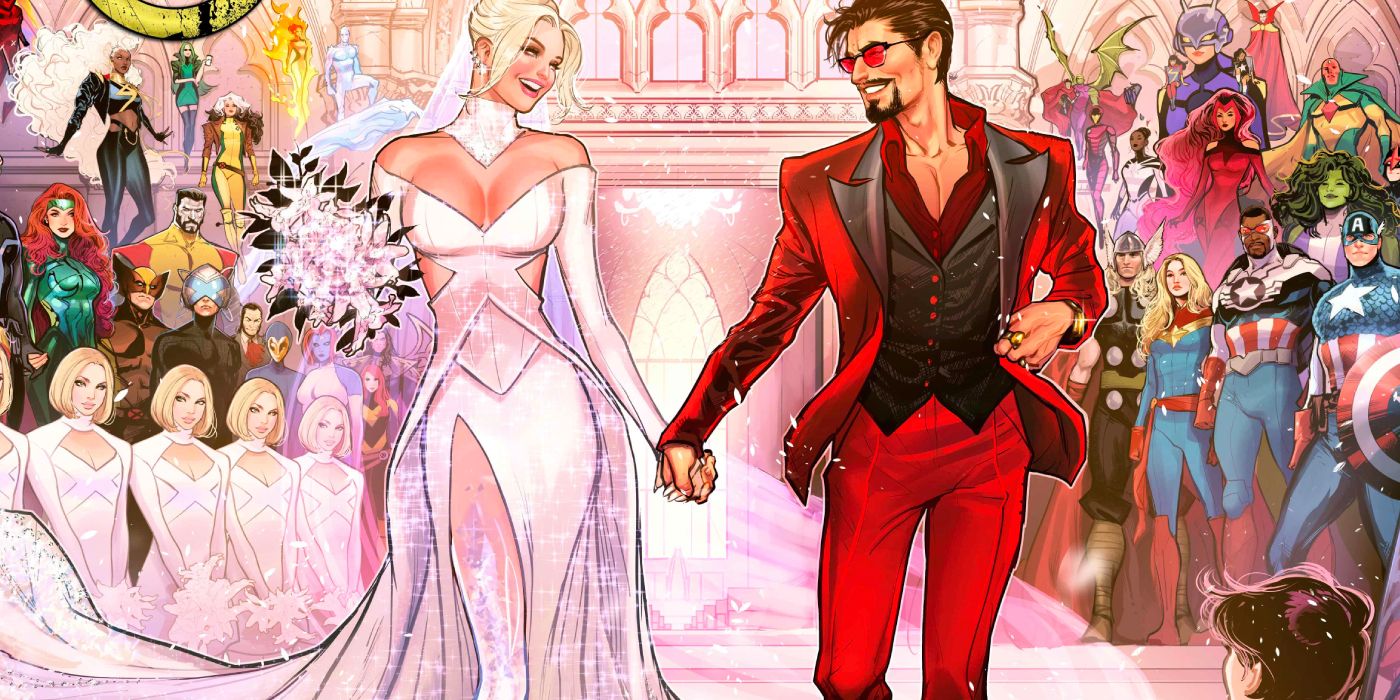 Iron Man an Emma Frost walking down the aisle at their wedding in Marvel Comics