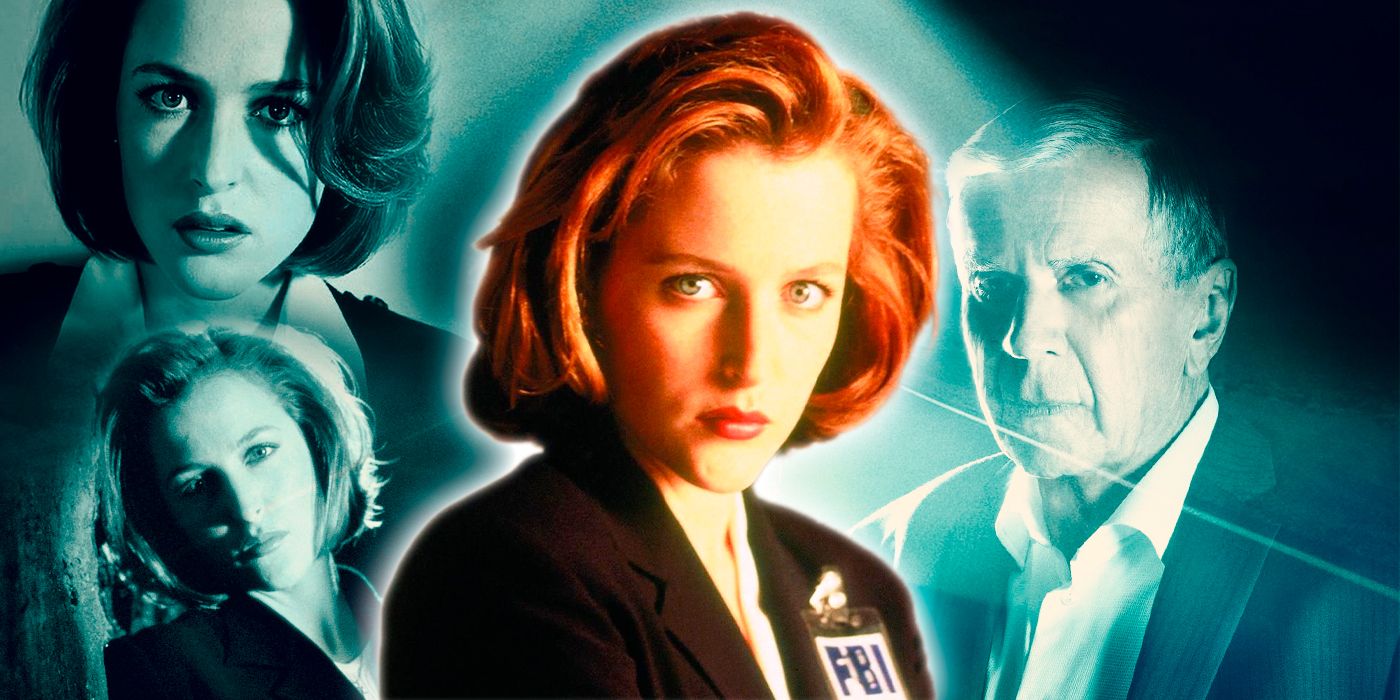 Dana Scully from The X-Files with CSM looming behind her