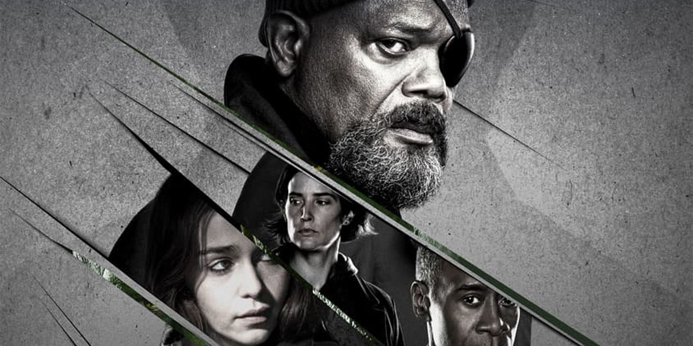 Pôster de Invasão Secreta, com Nick Fury, Maria Hill, Rhodey e G'iah