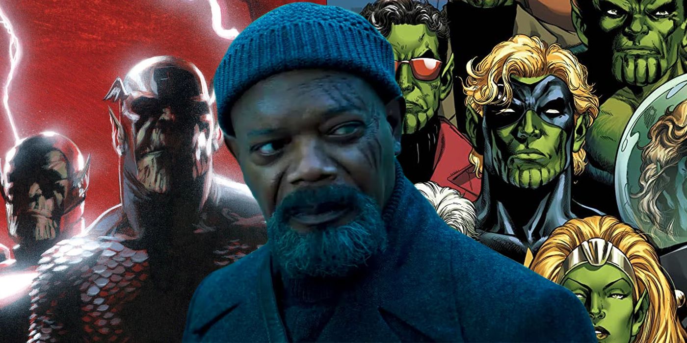 Split image of Skrulls replacing Marvel heroes like Captain and America and the MCU's Nick Fury