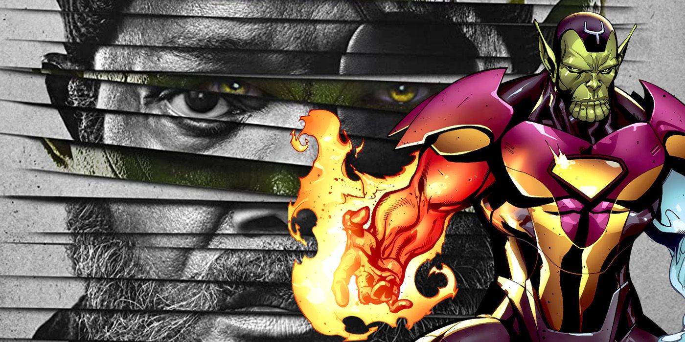 split image: Nick Fury from Secret Invasion MCU and Super-Skrull in comics