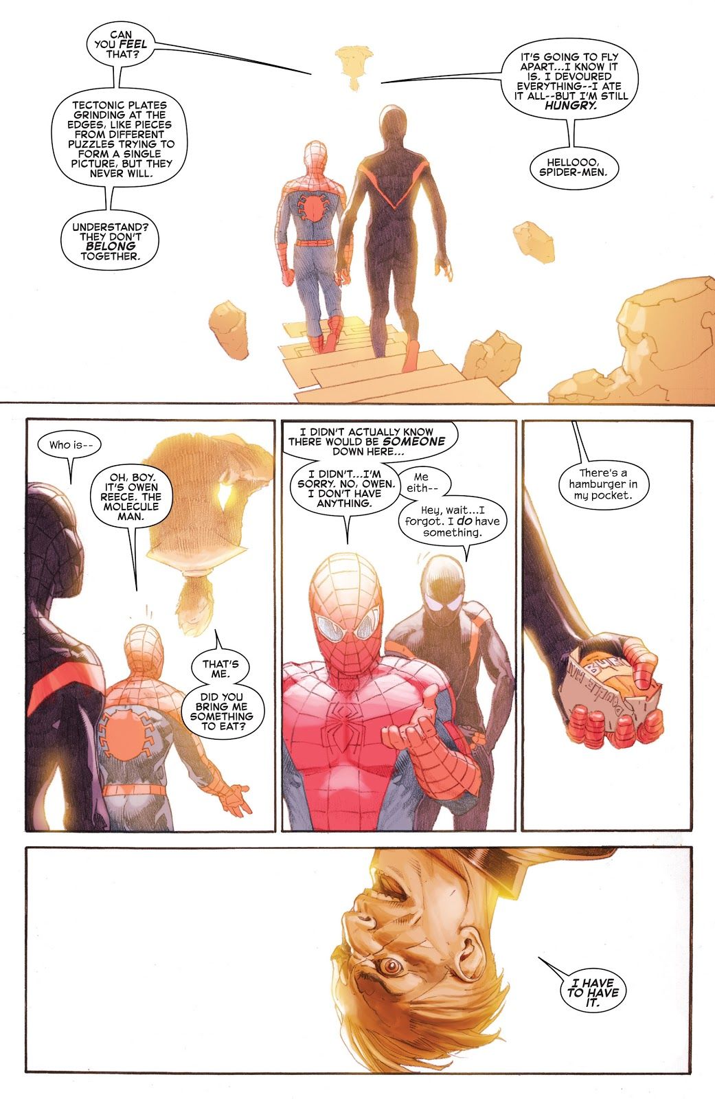 Miles Morales dá um hambúrguer ao Homem-Molecular