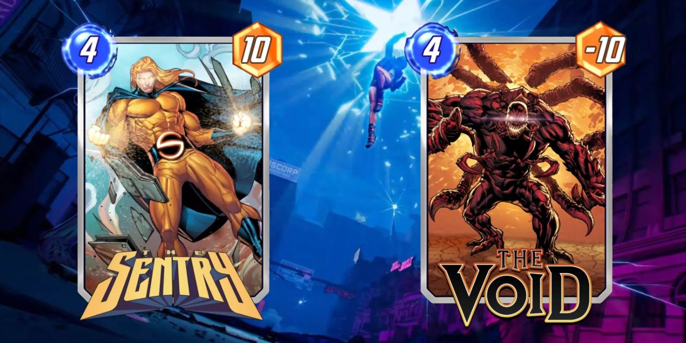 Sentry And The Void's Marvel Snap cards contra o fundo da arte promocional