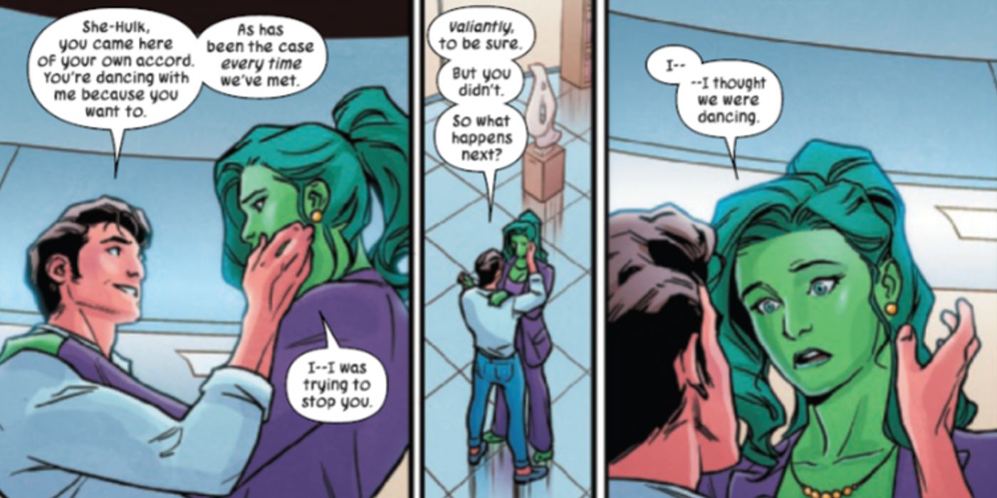 she-hulk e scoundrel discutindo a natureza de seu relacionamento enquanto dançavam em seu navio